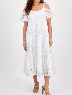 Robbie Bee White Cold-Shoulder Lace Midi Dress